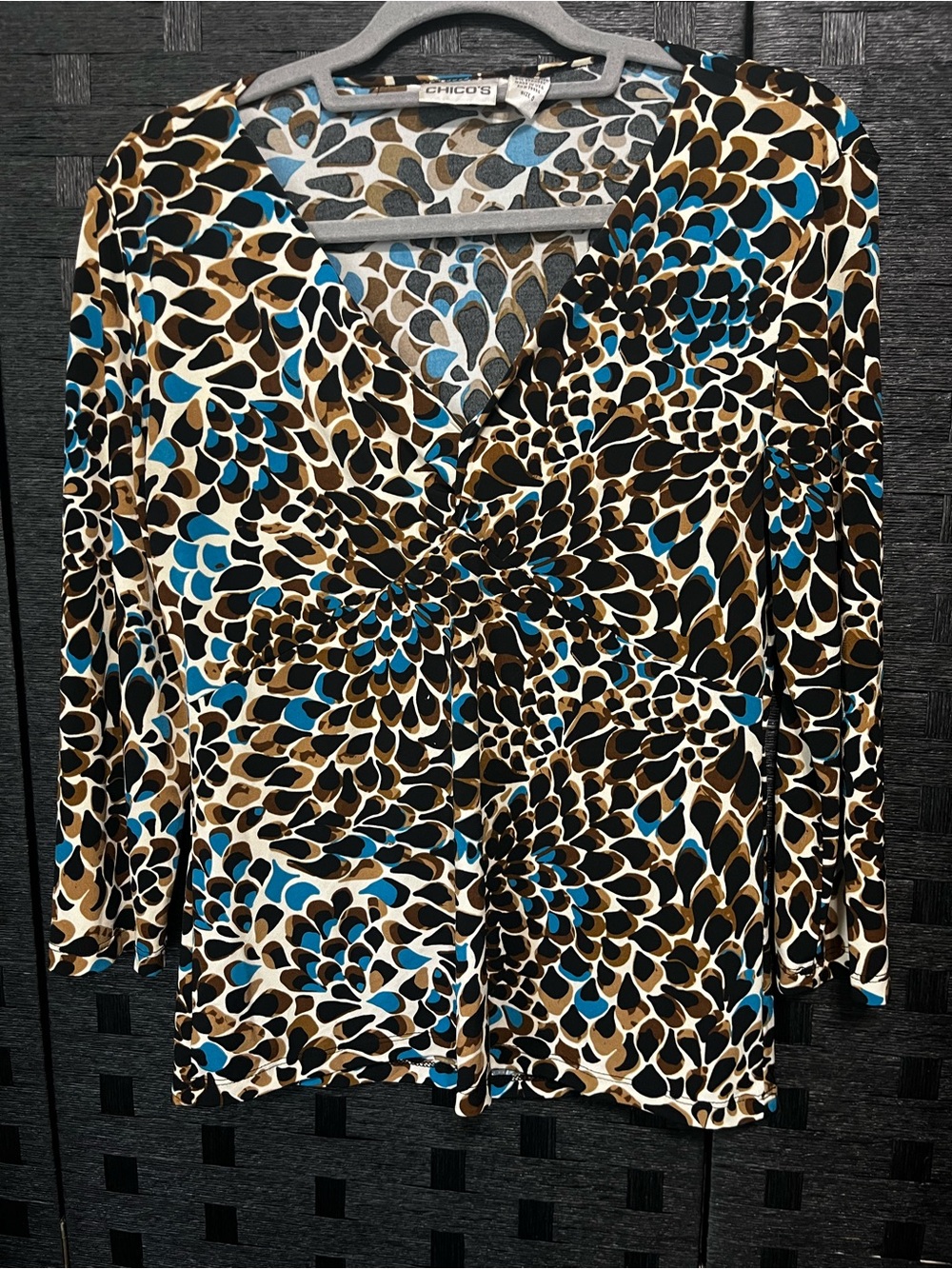 Chico's Brown, Black and Blue Abstract Petal-Print V-Neck Blouse Size 0